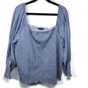 Black Tape 3X Blue Smocked Peasant Blouse Cottagecore Milkmaid Off Shoulder